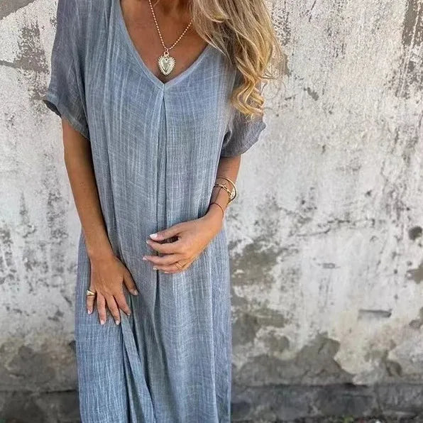 Sharon | Robe Maxi à Manches Courtes avec Col en V