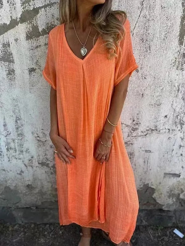 Sharon | Robe Maxi à Manches Courtes avec Col en V