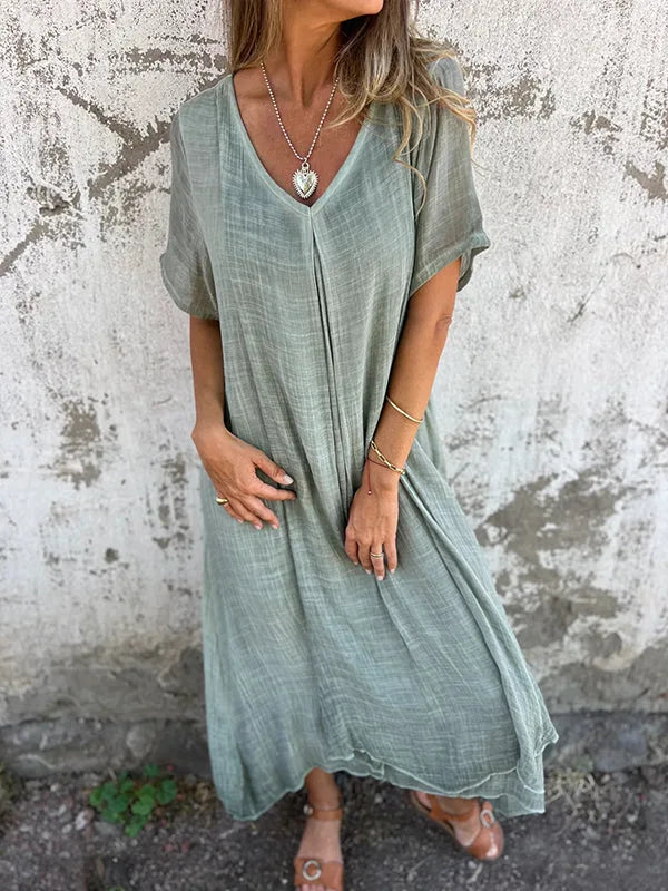 Sharon | Robe Maxi à Manches Courtes avec Col en V