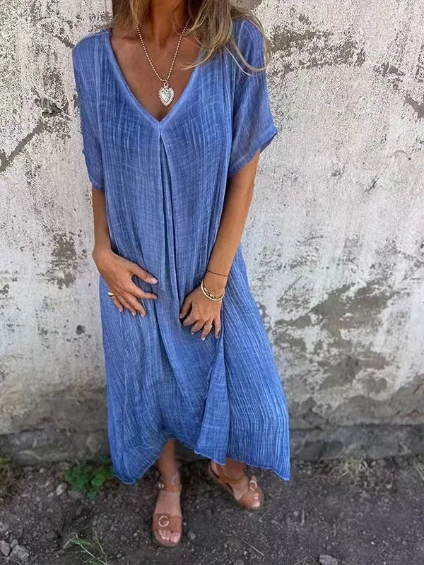 Sharon | Robe Maxi à Manches Courtes avec Col en V