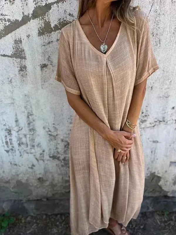 Sharon | Robe Maxi à Manches Courtes avec Col en V