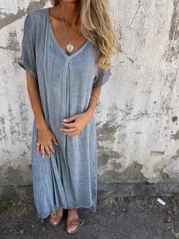 Sharon | Robe Maxi à Manches Courtes avec Col en V