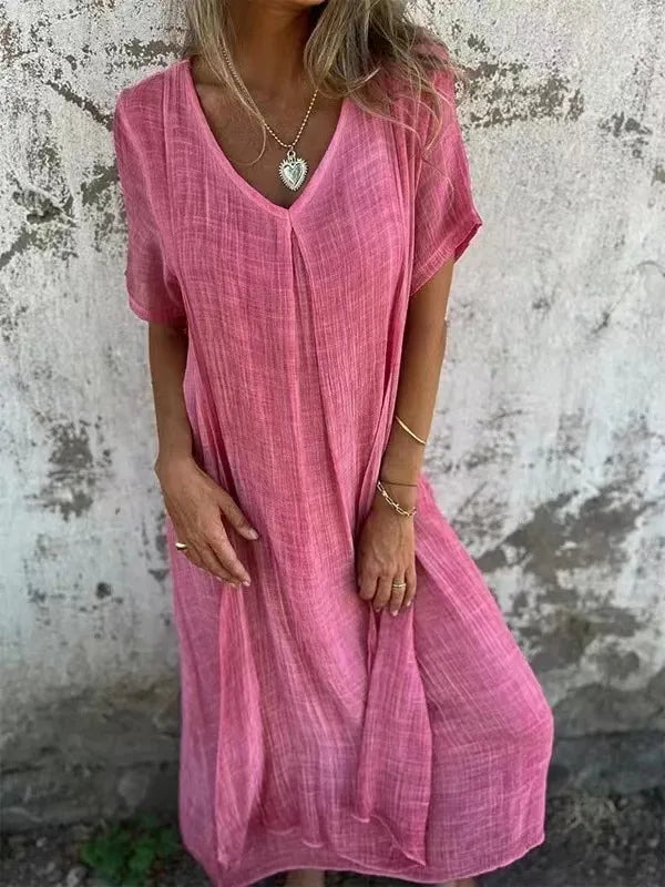 Sharon | Robe Maxi à Manches Courtes avec Col en V