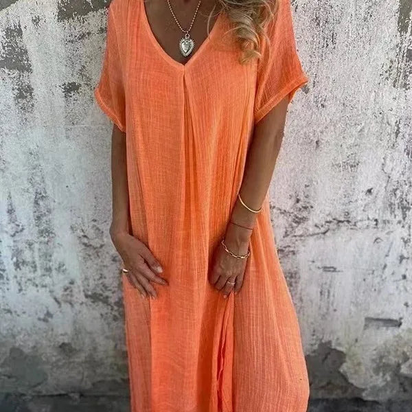 Sharon | Robe Maxi à Manches Courtes avec Col en V
