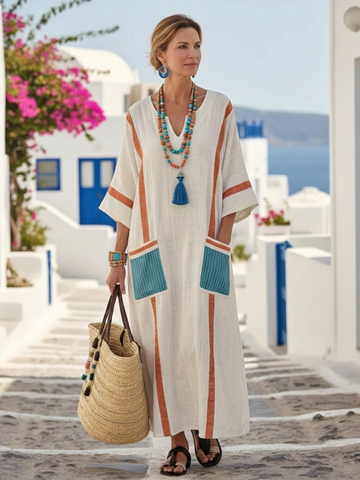 Noemi | Robe longue confortable à col en V, manches courtes et poches pratiques
